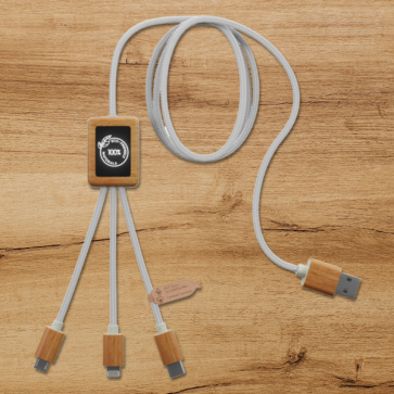 3-in-1 rPET Light Up Logo Charging Cable With Squared Bamboo Casing