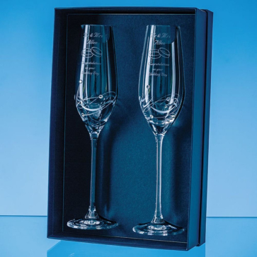 2 Diamante Champagne Flutes with Elegance Spiral Cutting and Gift Box