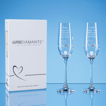 2 Diamante Petit Champagne Flutes with Heart Design and Gift Box