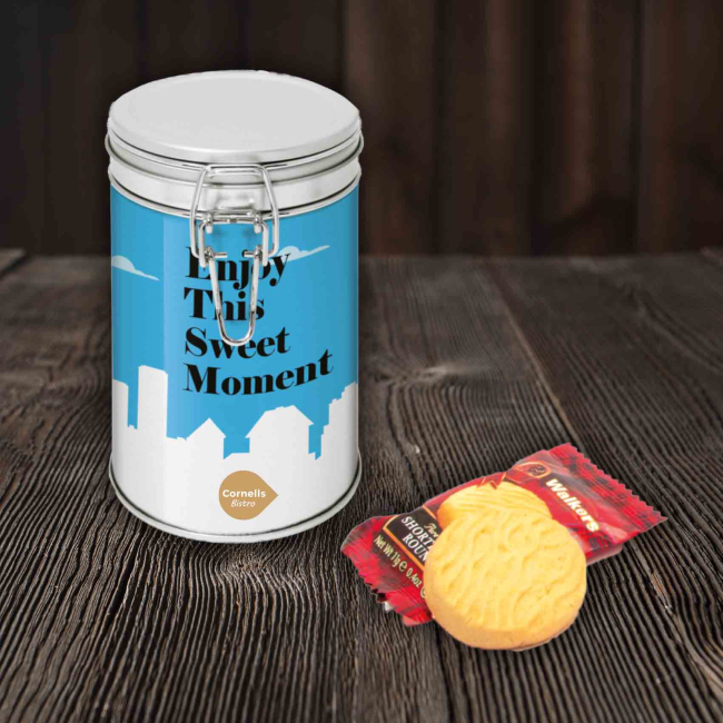 Flip Top Tin Silver Shortbread Biscuits Pellacraft Promotional