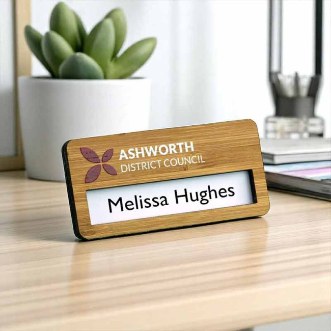 Bamboo Faced Reusable Name Badges | Pellacraft | Promotional Merchandise