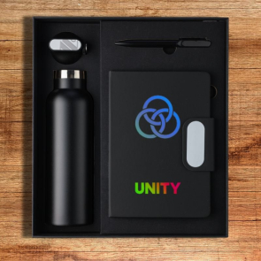 Recycled Office Gift Set Containing Notebook, Pen and Bottle