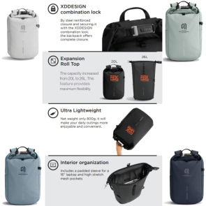 Urban Water Resistant Anti-theft Roll Top Backpack with Combination Lock 26L
