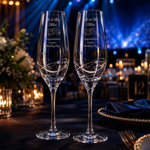 2 Diamante Champagne Flutes with Elegance Spiral Cutting and Gift Box