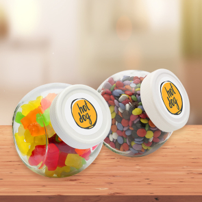 Candy Jar With White Plastic Lid And Filled With Sweets
