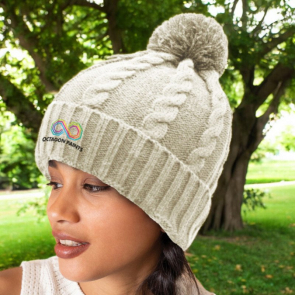 100% Acrylic Cable Knit Beanie With Turn Up And Bobble