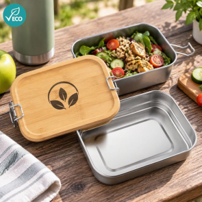 Recycled Stainless Steel Lunch Box with Bamboo Lid 1L