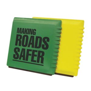 Promotional ice scraper with text, making roads saver
