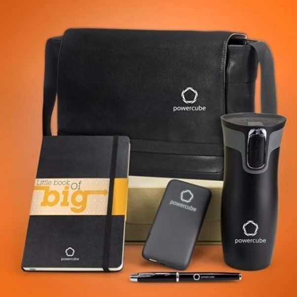 Everything Executive pack with Moleskine notebook, Contigo West Loop Travel Mug, Parker IM Rollerball Pen, Grey Bubble Bang 5000 Powerbank, and Moleskine messenger bag