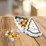Branded Mini Christmas Tree Gift Tin Branded Mini Christmas Tree Tin with Foil Wrapped Chocolate Balls