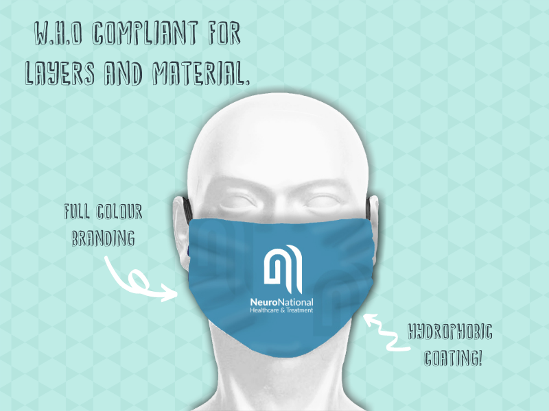 Our 3-ply branded face masks and coverings is WHO compliant 